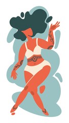 Body Positivity Woman Trendy Colors Illustration. Bikini Abstract Tattooed Lady