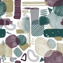 Abstract Shapes Seamless Pattern. Trendy Colors Background. Various Textures. Green Purple Yellow Grey