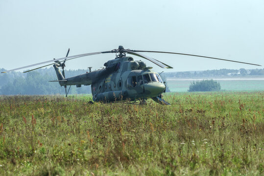 MOSCOW REGION, RUSSIA - AUGUST 30, 2019: Helicopter Mi-8 (RF-04507) Russian Aerospace Forces stands in the field on a summer day
