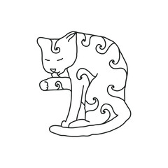 Cosy hand drawn cat with decorations. Waves. Vector illustration. Editable lines.