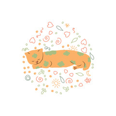 Cosy hand drawn cat with decorations. Clouds. Vector illustration. Editable lines. Colored, round background, cute pattern.