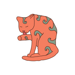 Cosy hand drawn cat with decorations. Waves. Vector illustration. Editable lines. Colored with outlines.