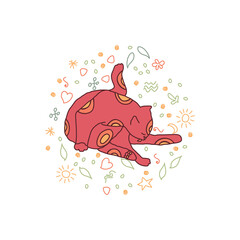 Cosy hand drawn cat with decorations. Washing. Vector illustration. Editable lines. Colored with outlines, round background, cute pattern.