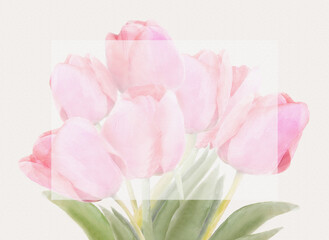 Watercolor hand drawn floral background for wedding, spring holidays, fabric, Valentine Day. Pink flowers tulips bouquet, light vintage design for print invitation, card, wrapping paper.