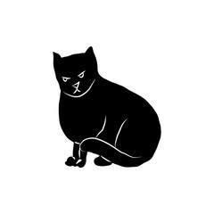 Cosy hand drawn cat. Sitting, angry. Vector illustration. Editable lines. Black and white.