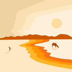 Background illustration. An oasis in the desert and a camel quenching its thirst.