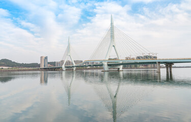 modern sling bridge in the city