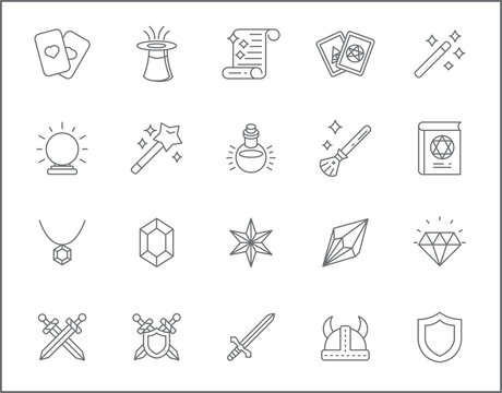Set of magic and alchemy line style. It contains such Icons as storybook, fairy tale, fantasy, witch, wizardry, enchantment and other elements. customize color, easy resize.