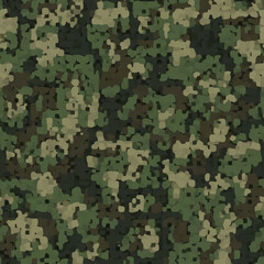 Camouflage pattern background seamless illustration. Classic clothing style masking camo repeat print. Green brown black olive colors forest texture. 