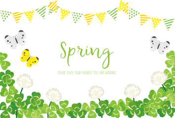 水彩画風シロツメクサとガーランドと蝶の春の背景素材