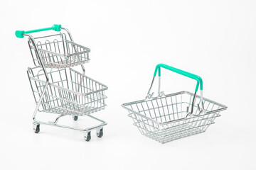 cart and basket for shopping market groceries on white background