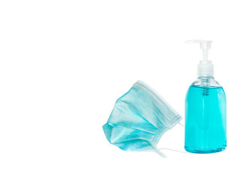 Mask and alcohol gel isolated over white background for Covid-19 protection - medical health protection during Covid-19 spreading object concept