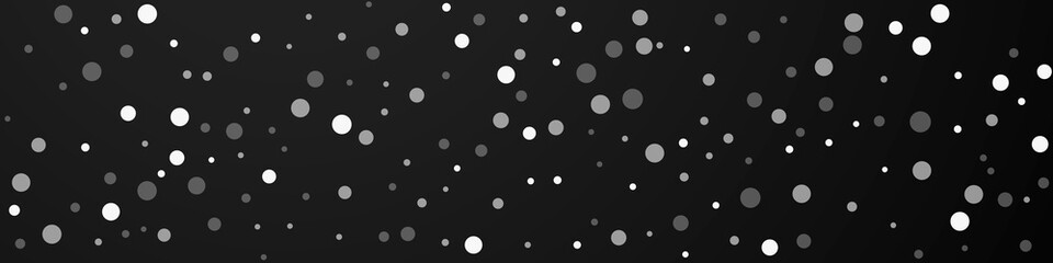 White dots Christmas background. Subtle flying snow flakes and stars on black background. Bold winter silver snowflake overlay template. Great panoramic illustration.