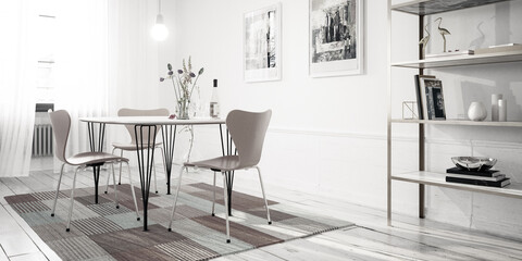 Simple Dinning Room Furniture Design - panoramic black and white 3D Visualization