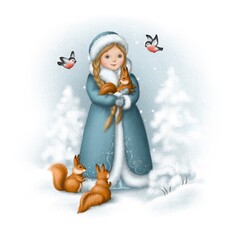 Plakat snow maiden. winter illustration for books, cards, posters. Russian New Year character. christmas illustration.