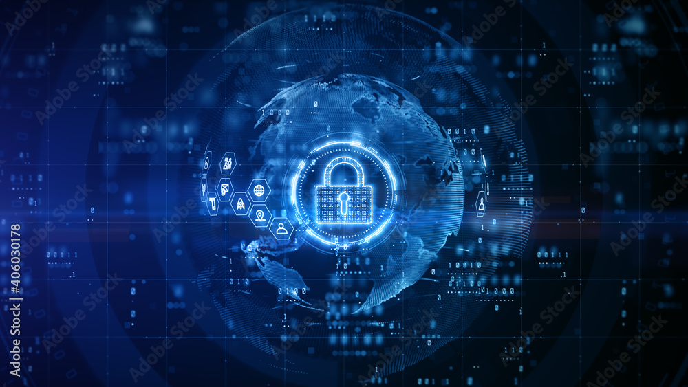 Aufkleber Padlock of Cyber Security Digital Data, Digital Data Network Protection, Global Network 5g High-Speed Internet Connection and Big Data Analysis Future Background Concept. 3d rendering