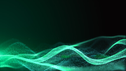 Digital cyberspace futuristic, Green color particles wave flowing with bokeh and light, Lines and dots connection abstract background.