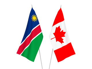 National fabric flags of Republic of Namibia and Canada isolated on white background. 3d rendering illustration.