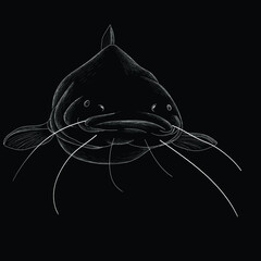 The Vector logo fish on black cloth for T-shirt print  design or outwear.  Fishing style grouper  background. This drawing would be nice to make on the black fabric or canvas.