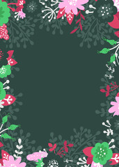 Fototapeta na wymiar beautiful dark green wedding card pattern with pink flower and green leaf on green.