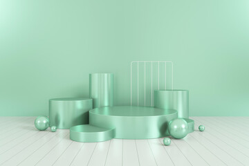 3D rendering green geometric background. Geometric shapes in modern minimal design. Minimalistic mock up for promotion, cosmetic background, product show.