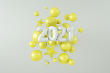 2021 New Year background. Holiday 3d rendering of numbers 2021 and abstract balls. Festive poster or banner design. Party invitation