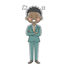 腕組みをして怒っている黒人ビジネスマンのイラスト