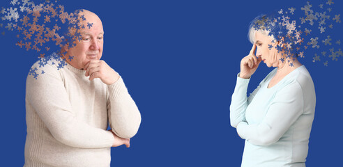 Elderly people suffering from mental disability on color background