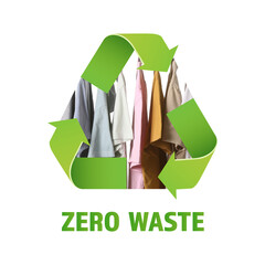 Clothes with recycling symbol on white background. Zero waste concept