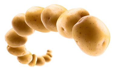 Golden potatoes levitate on a white background
