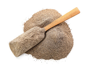 Black pepper powder and scoop on white background
