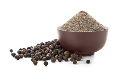 Bowl with black pepper powder on white background