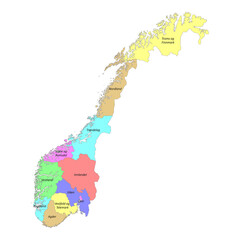 High quality labeled map of Norway with borders of the regions