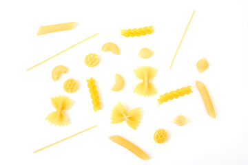 different types of italian pasta on a white background. flour products and food in cooking