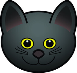 Head of a domesticated pet cat with a brown nose and yellow eyes. Black coat.