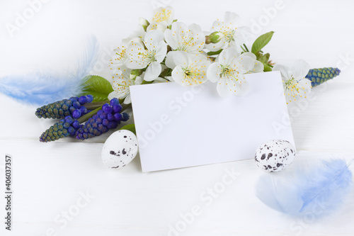 Spring flowers composition and easter eggs on white board, empty space, Creative layout for Mother's day, women's day, 8 march,  easter. Spring flowers  background with copy space