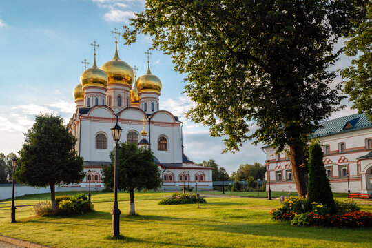 View of the Assumption Cathedral on the territory of the Valdai Iversky Monastery. Valdaysky District of Novgorod Oblast, Russia. August 2020.