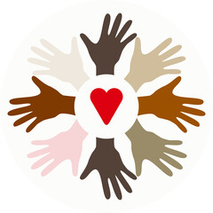 vector heart in hands of different colors. Multiracial hands with hearts reaching up