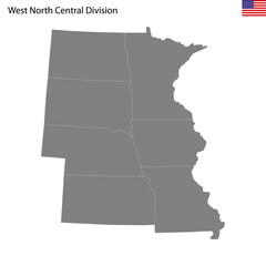 High Quality map of West North Central division of United States of America with borders