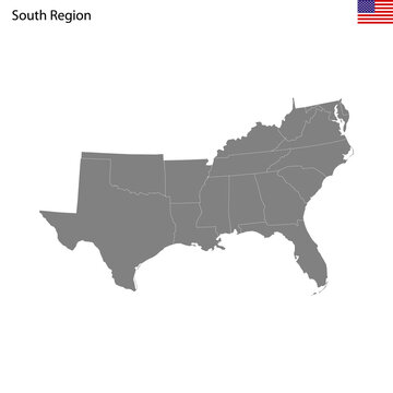 High Quality map of South region of United States of America with borders
