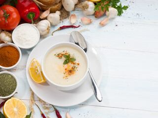 Traditional Turkish tripe soup. The concept of Turkish cuisine traditional soups