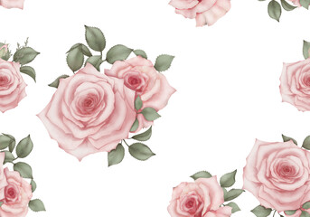 Seamless pattern of pink roses on white background