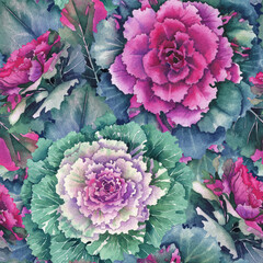 Obraz premium Watercolor pattern of flowering Kale flowers and leaves.