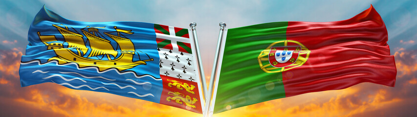 Double Flag Portugal and Saint-Pierre and Miquelon flag waving flag with texture sky Cloud and sunset background