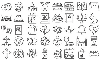 Set of collection happy easter day outline icon, Vector Illustration, Doodle Funny Set. Easter eggs, bunny, Easter cake, flowers, cupcakes. Isolated on white background, EPS 10 ready convert to SVG