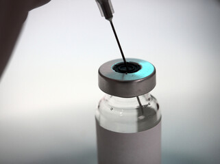 Vaccine covid-19 virus pandemic imunology, medical bottle with syringe