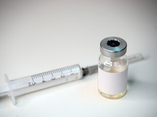 Vaccine covid-19 virus pandemic imunology, medical bottle with syringe