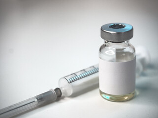 Vaccine covid-19 virus pandemic imunology, medical bottle with syringe
