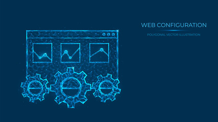 Abstract polygonal vector illustration of web configuration. Low poly concept of web page and gears made of lines and dots isolated on blue background.