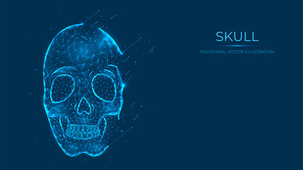 Abstract polygonal human skull made of lines and points isolated on blue background. Low poly horror vector illustration